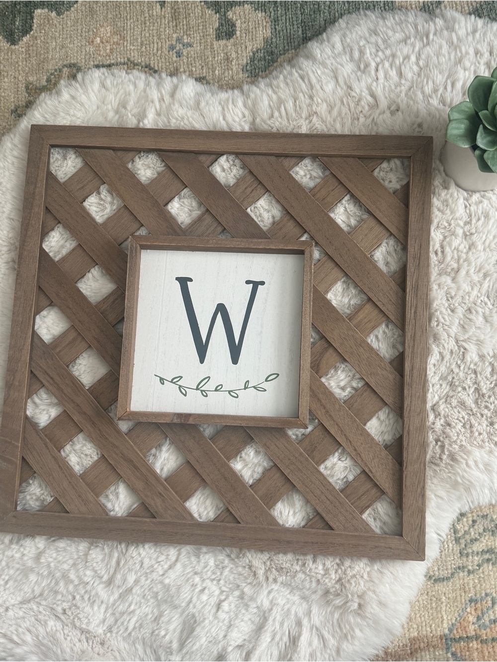 Rustic Brown Lattice Frame Wall Art with 'W' Monogram